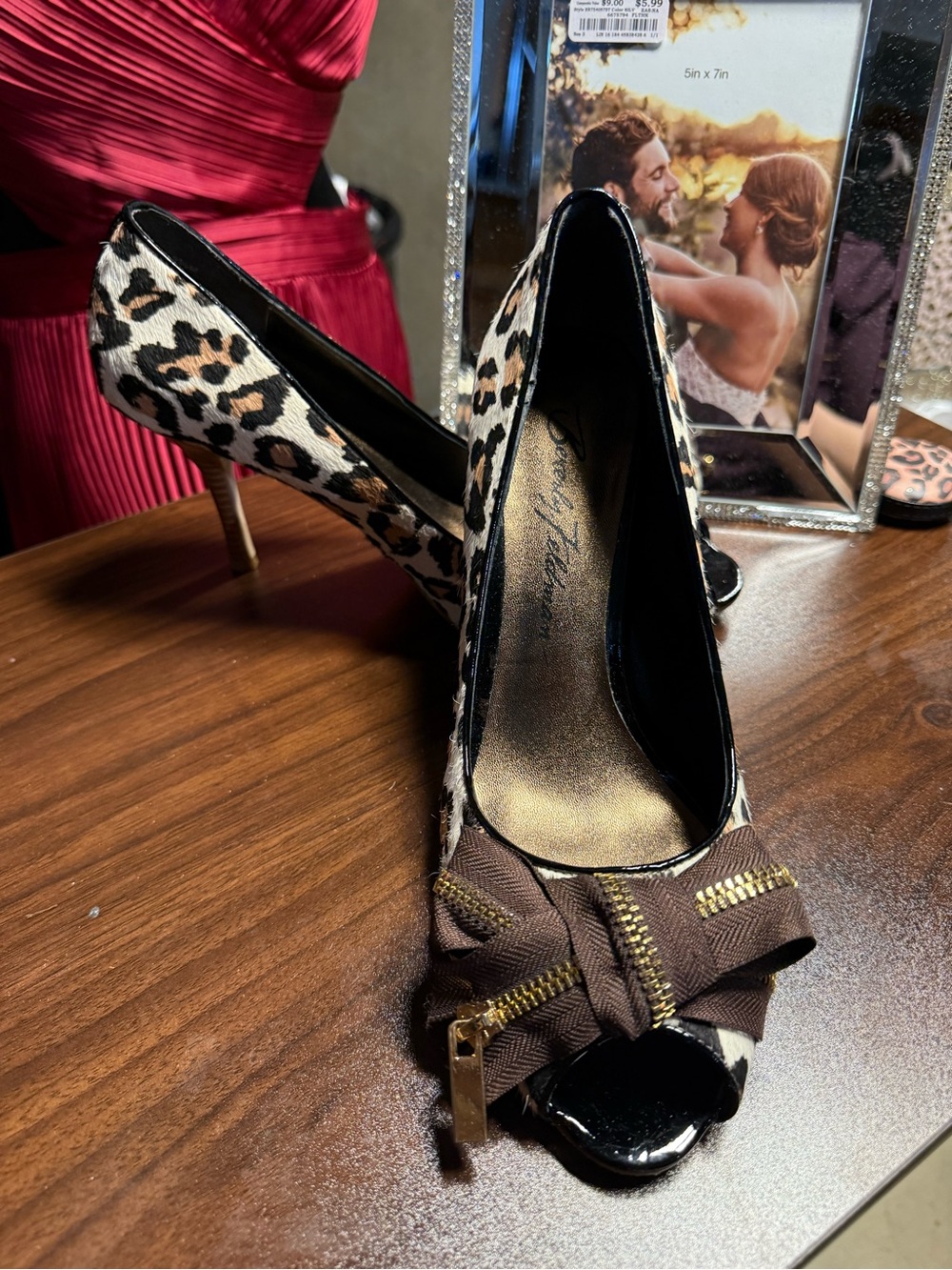 Beverly Feldman Leopard hair Peep-Toe Heels with Brown Bow